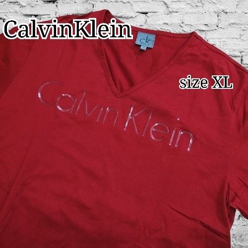 未使用 CK Calvin Klein カルバンクライン 半袖 Tシャツ Vネック 両面ロゴ XL 大きいサイズ 赤