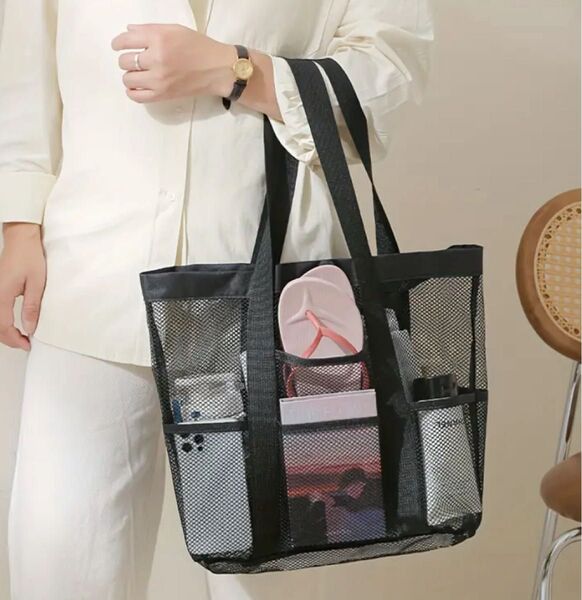 新品未使用 メッシュビーチバッグW33【ブラック】