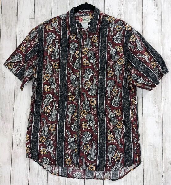 HILO HATTIE アロハシャツ メンズ サイズ:M ウクレレ ウッドボタン 半袖 総柄 ヴィンテージ