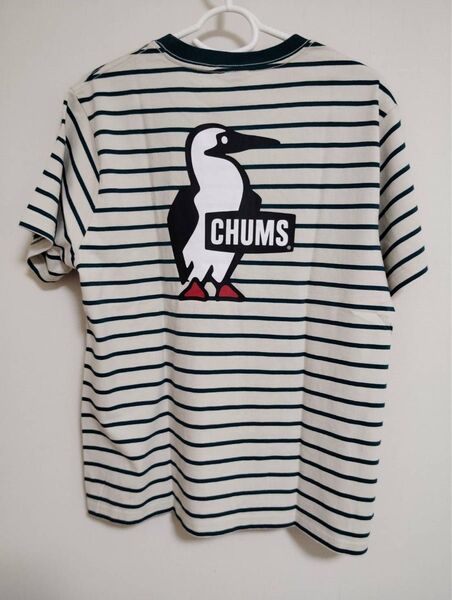 新品チャムスCHUMS 半袖TシャツLサイズBooby Logoブービーロゴ半袖カットソーレディースバックプリントグリーンボーダー