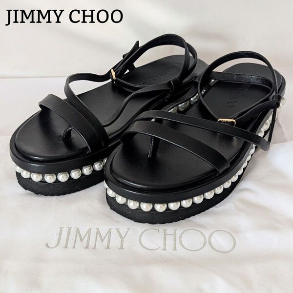 ジミーチュウ JIMMY CHOO サンダル パール装飾 ストラップサンダル PINE FLAT 厚底 ホワイトパール 36 黒