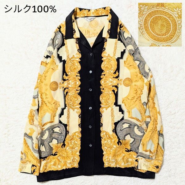 美品◎シルク100% ビンテージシャツ メデューサ柄 バロック調 オープンカラーシャツ 絹 長袖 総柄 L レディース メンズ