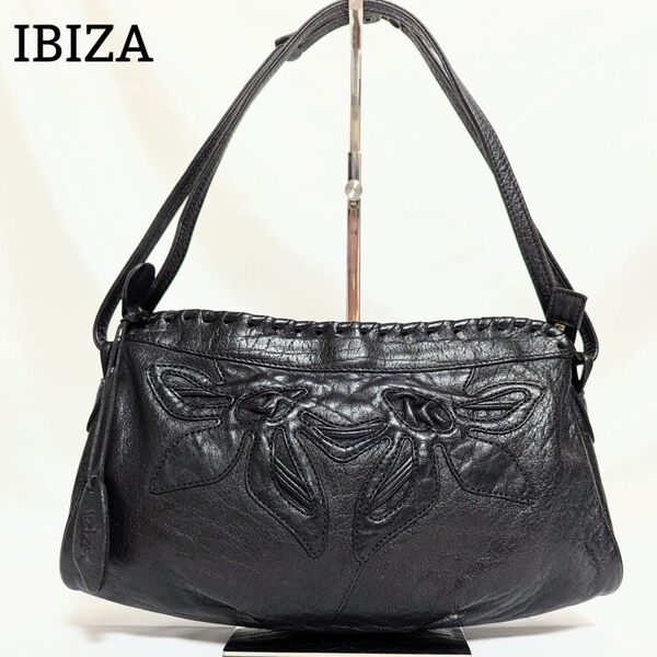 良品◎IBIZA 2way ハンドバッグ 肩掛け ショルダーバッグ 手提げ 花柄 型押し レザー 本革 チャーム 黒 ブラック