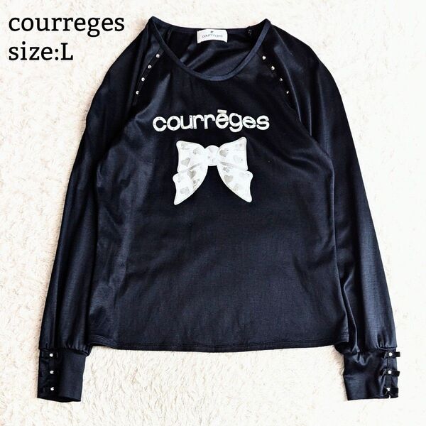 美品◎クレージュ courreges 長袖 カットソー リボン ビジュー トップス 大きいサイズ L 洗える 黒 ブラック