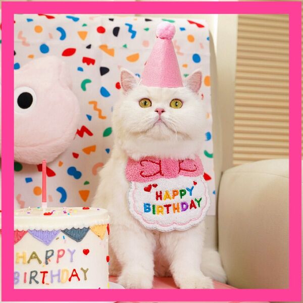 ペット バースデー 犬 猫 ピンク スタイ 帽子 2点セット 誕生日 映え
