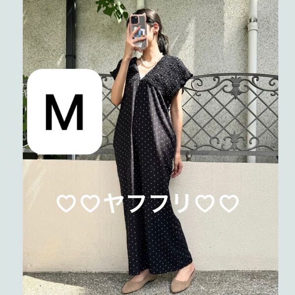 Mサイズ ドットシャーリングサロペット ブラック 黒 LaxDanTia ドット柄 新作 夏 オールインワン