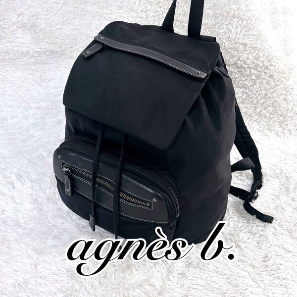 美品 agnes b. アニエスベー バックパック ボディバッグ リュック 巾着型 ロゴ型押し ブラック 黒