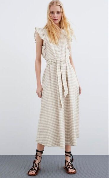 ZARA ザラ コットンリネン チェック ロングシャツワンピース フリル 麻
