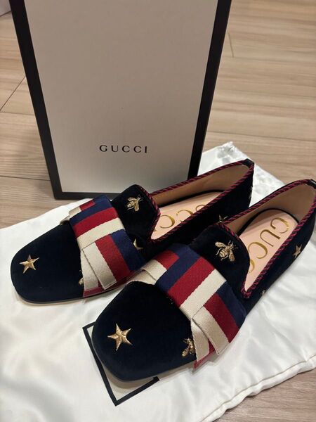 GUCCI グッチ ベロア リボン フラットシューズ 蜂 bee サイズ38 パンプス 靴 ブラック