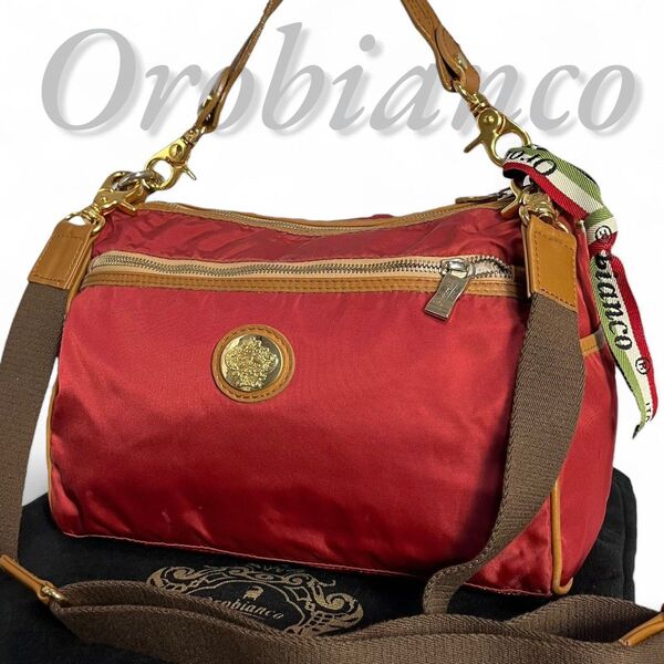 美品 Orobianco オロビアンコ 2way ショルダーバッグ 赤 ナイロン レザー 肩掛け 斜めがけ 通勤