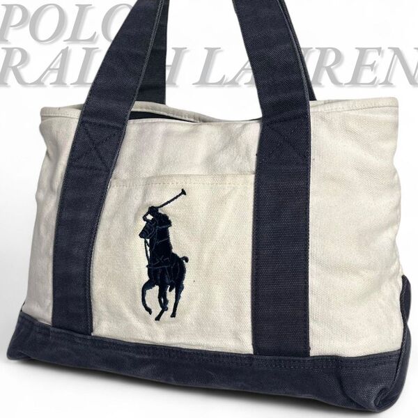 良品 POLO RALPH LAUREN ポロラルフローレン トートバッグ キャンバス ネイビー ホワイト ハンドバッグ