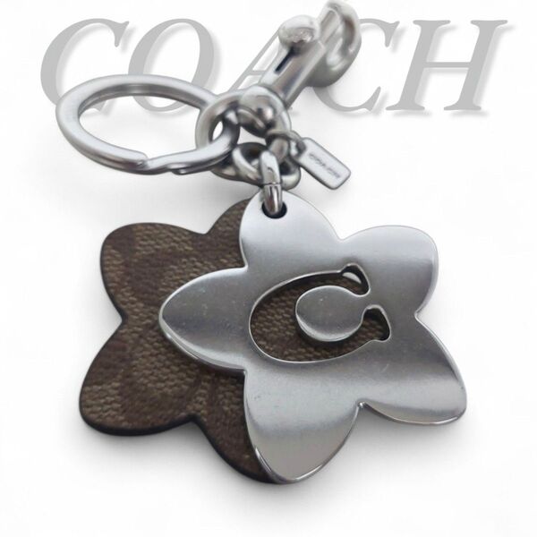 美品 COACH コーチ ワイルドフラワー バッグ チャーム シグネチャー キャンバス キーホルダー キーリング 花 C4316