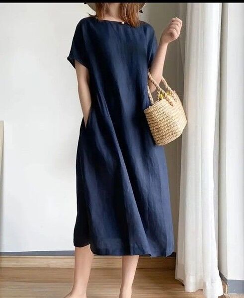 新品 半袖ひざ丈 ワンピース ネイビー Mサイズ