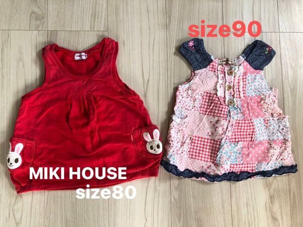子供服 女の子 ミキハウス 他ノースリーブ チュニック 2枚セット size80.90 ワンピース