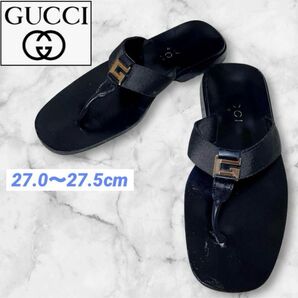 美品 GUCCI グッチ メンズ トングサンダル フラットレザーソール GG ロゴ 27.0 ブラック ゴールド