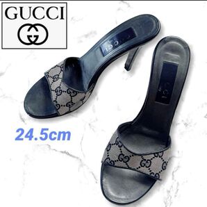 美品 GUCCI グッチ 24.5cm ミュール サンダル GG キャンバス レザー ブラック