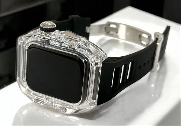 ブラックs★アップルウォッチバンド ラバーベルト カバー Apple Watch クリア ケース 44mm 45mm