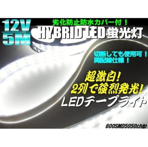 12V 5M 2列 劣化防止 防水カバー付 LED テープライト 蛍光灯 白 ホワイト デイライト 船舶 トラック 両配線 切断可