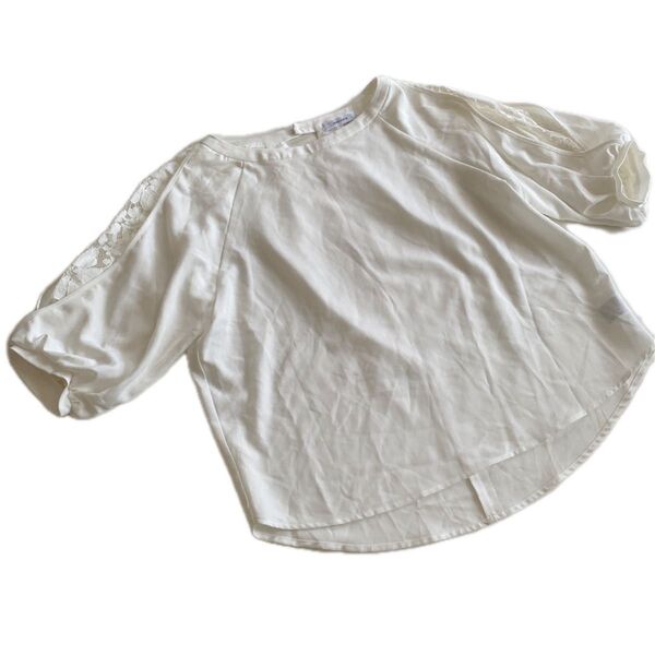 未使用品 JEANASIS ジーナシス 袖レース 袖口ギャザー 7分袖 ゆったり シャツ ブラウス カットソー ホワイト F