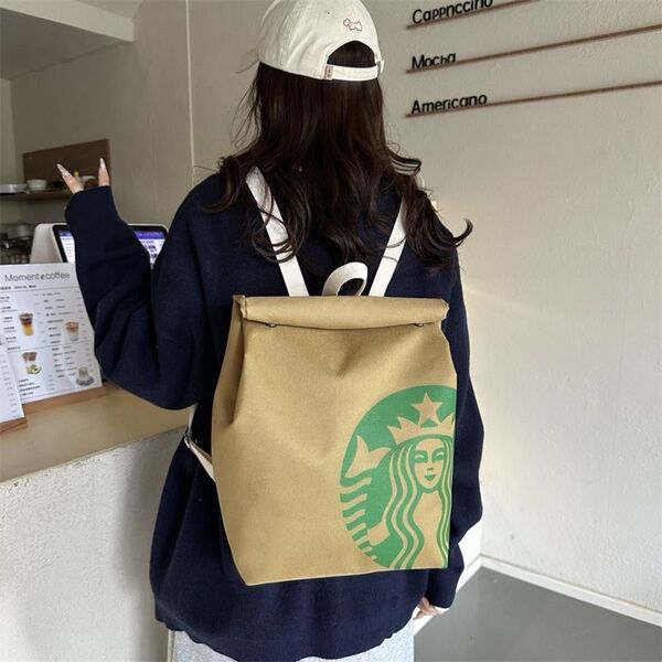 新品 海外スタバ 台湾香港中国 スターバックス紙袋風リュックサック 大容量男女兼用 ナイロンキャンバス 通学 バックパック 旅行