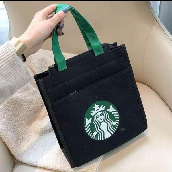 スタバトートバッグ ランチバッグ ハンド バック キャンバス ファスナー式 starbucks ランチバッグ ブラック