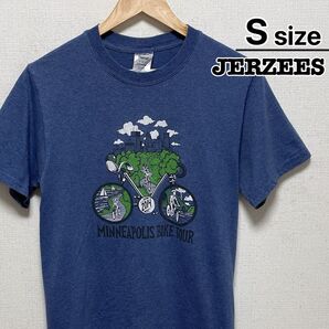 JERZEES Tシャツ S ネイビー ブルー プリント 自転車 サイクリング