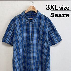 USA古着 Sears 半袖シャツ 3XL ブルー 青 チェック柄 ボタンダウン