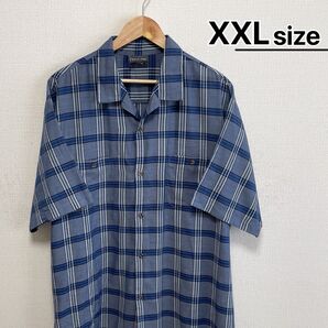 USA古着 オープンカラーシャツ 半袖 XXL ネイビー グレー チェック柄