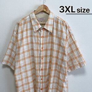 USA古着 半袖シャツ 3XL オレンジ ホワイト チェック柄 サッカー生地