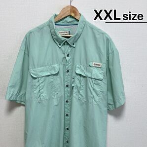 USA古着 ナイロンシャツ 半袖 2X ライトブルー 水色 無地 ダブルポケット