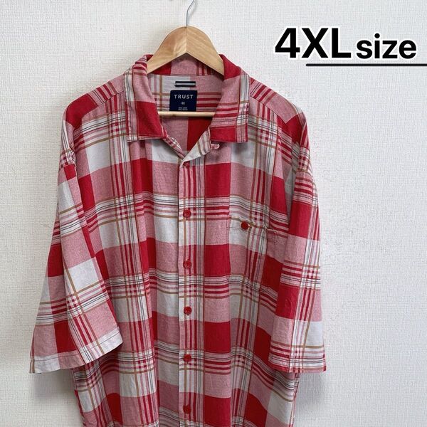 USA古着 オープンカラーシャツ 半袖 4XL レッド 赤 ホワイト チェック柄