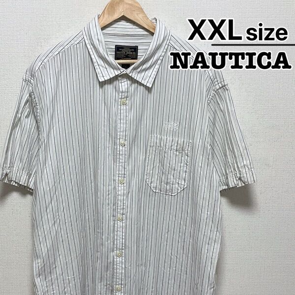 NAUTICA 半袖シャツ XXL ホワイト 白 ストライプ 刺繍 USA古着