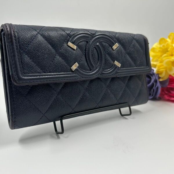 希少 激レアモデル【CHANEL シャネル】長財布 キャビアスキン マトラッセ CCフィリグリー ネイビー Wallet レザー