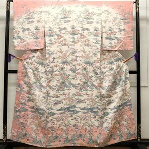 付下げ 訪問着 渡橋風景人物花文 暈し染め 正絹 身丈157.5 裄65