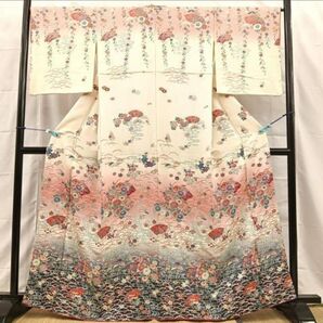 付下げ訪問着 観世水 地紙雪芝花文 金彩 まるやま扱い 正絹 身丈165 裄67