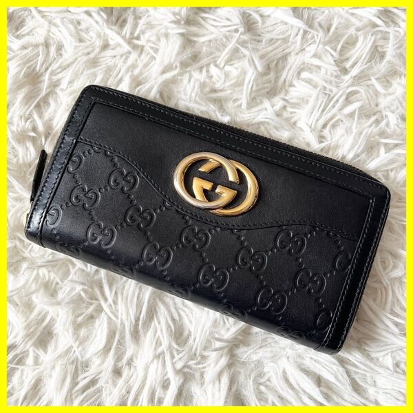 GUCCI 長財布 GGマーモント ジップアラウンドウォレット ブラック グッチ ラウンドファスナー レザー グッチシマ