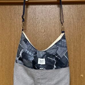 ショルダーバッグ 猫耳バッグ ダメージジーンズ柄 ポケット5個 ハンドメイド ショルダーストラップ付き