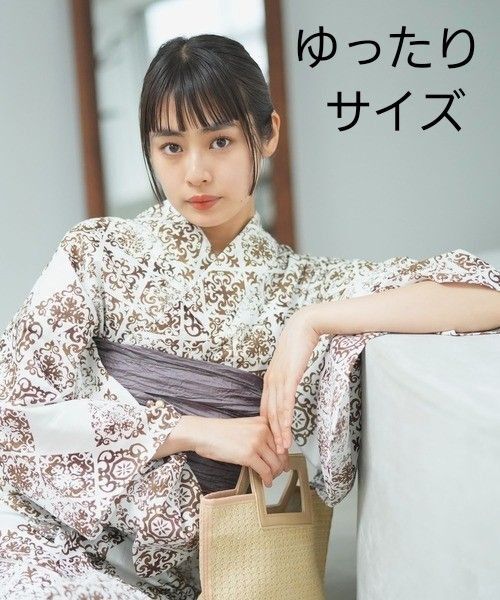 新品 特価 大きいサイズ 高級変わり織り浴衣 ニコアンティーク ブラウンのモロッカンタイル 浴衣単品 国内染色 3L 4L 5L