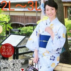新品 大きいサイズ 浴衣 レディース 2L〜3L 薄水色地に白の牡丹と撫子 水色 夏祭り ふくよか
