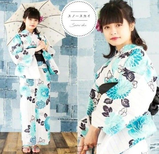 新品 特価 浴衣単品 スノースカイ 白地 牡丹 菊 縞 黒 浴衣 レディース