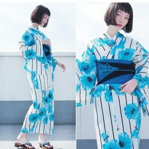 新品 特価 変わり織り浴衣 アネモネターコイズ 姉萌音 白 ブルー 浴衣単品 綺麗 フリーサイズ 美人浴衣 ふりふ好き