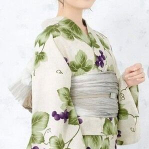 新品 SOUBIEN ベージュに葡萄唐草 浴衣セット しわ兵児帯 ブドウ ぶどう 人気柄 洗える着物 フルーツ柄