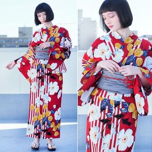 新品 特価 変わり織り浴衣 ホオヅキレッド 鬼灯 浴衣単品 綺麗 フリーサイズ 美人浴衣 白 赤 縞