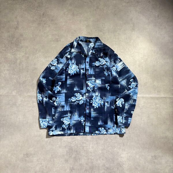 古着 70s ビンテージ オープンカラー 柄シャツ 長袖 開襟 短丈 ボックス 総柄 シャツ トップス 花柄 usa製 アメカジ