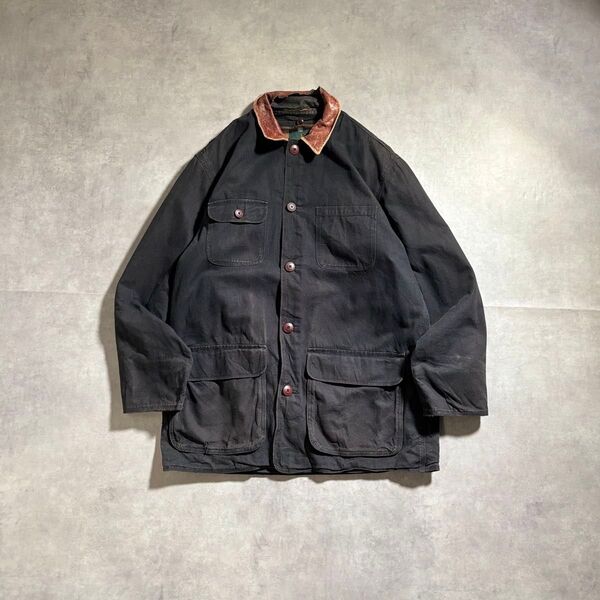 古着 90s J.CREW 巨人タグ ハンティングジャケット ハーフコート 黒 カバーオール コットン チェック ブラック レザー