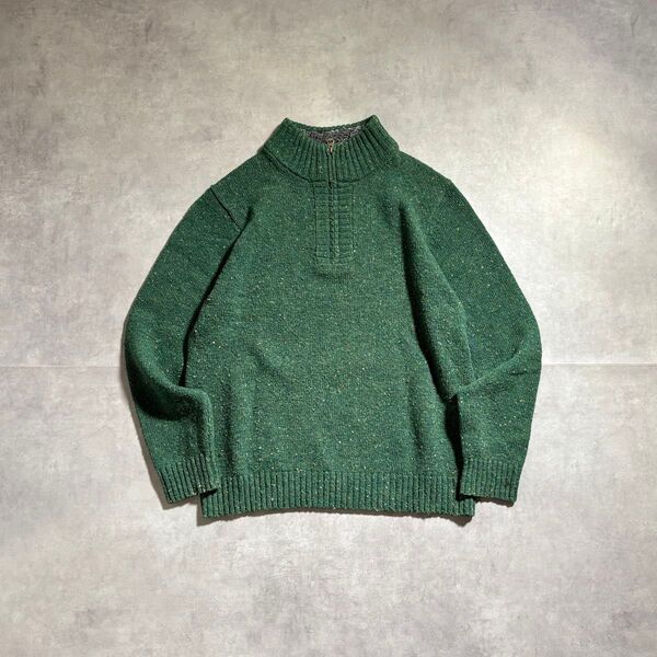 古着 90s〜 LANDS ENDランズエンド カラーネップ ハーフジップ ニット セーター 短丈 グリーン ウール プルオーバー