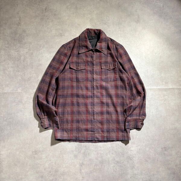 古着 70s vintage ジップアップ チェックシャツ タロンジップ スモーク レッド 長袖 ネルシャツ cityboy
