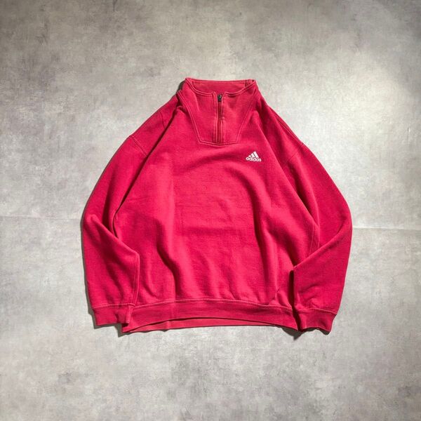 古着 90s adidas ハーフジップ スウェット トレーナー レッド 短丈 アディダス ワンポイント ロゴ パフォーマンス