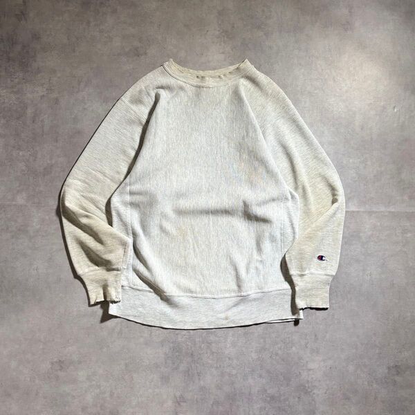 古着 90s Champion reverse weave 襤褸 スウェット トレーナー リバースウィーブ グレー 目なし ボロ