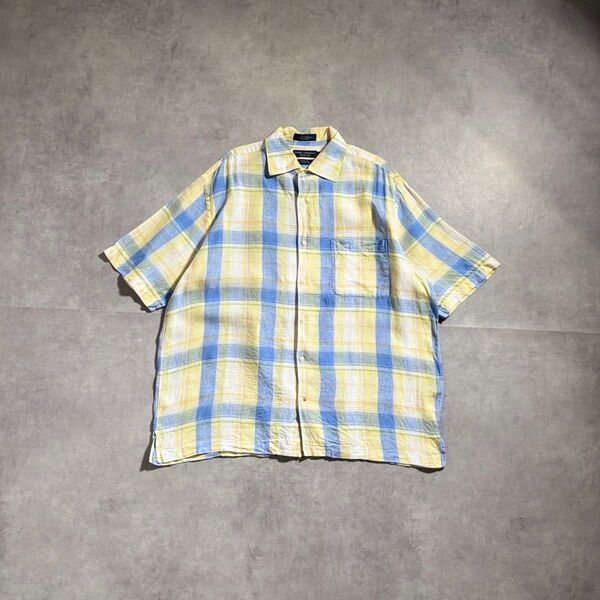 古着 00s ダニエル・クレミュ 半袖 リネン チェック シャツ ボックスシルエット 短丈 イエロー ブルー cityboy